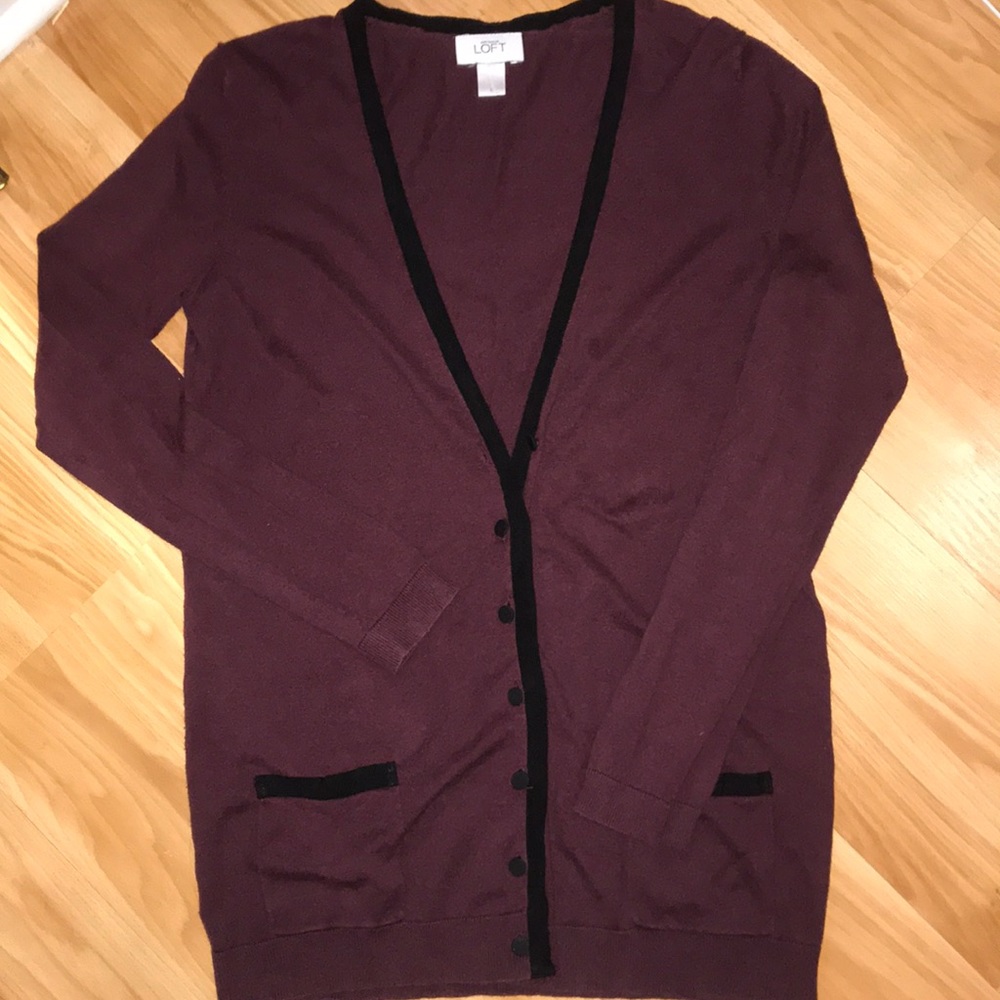 Ann Taylor Loft Wine/Black Ribbon Trim Cardigan